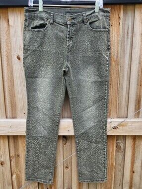 Diane Gilman Jeans DG2 Women's Size 10p Green Leopard Denim Mid-Rise Straight